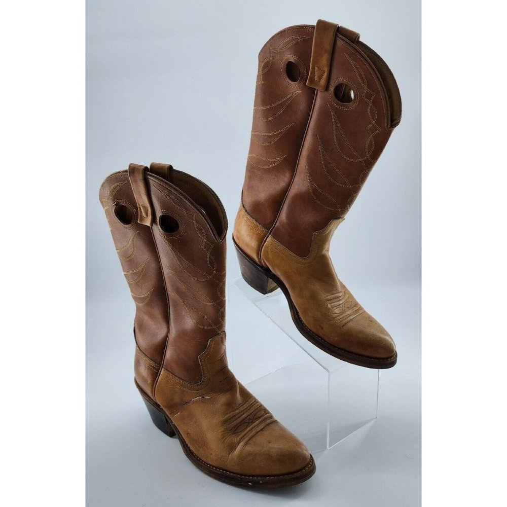 Vtg ACME Mens Western Cowboy Boots Style #4607 Made In USA Tan Embroidered Sz 8D